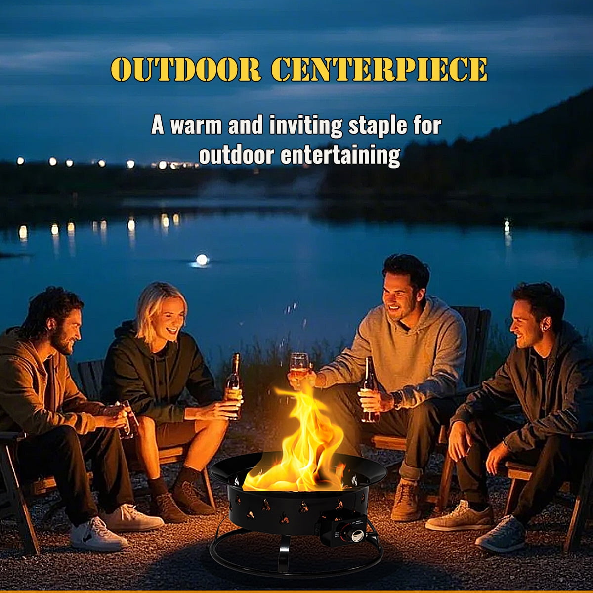 19'' Round Portable Propane Outdoor Camping  Fire Pit with Lockable Cover Lid as Handle