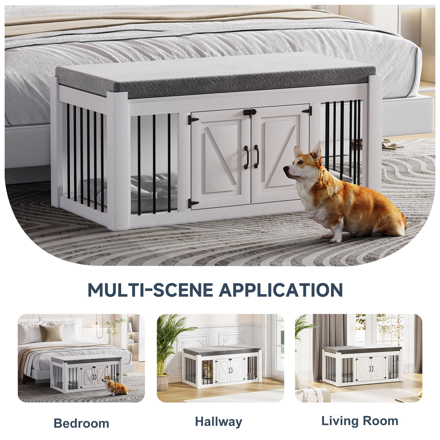 Faceket 47.2" Dog Crate Furniture, 2-Door Lockable Wooden Kennel with Cushion, White End of Bed Bench Ottoman for Medium Dogs