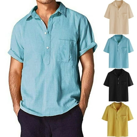 Men Linen Short Sleeve Summer Solid Shirts Casual Loose Dress Soft Tops Tee