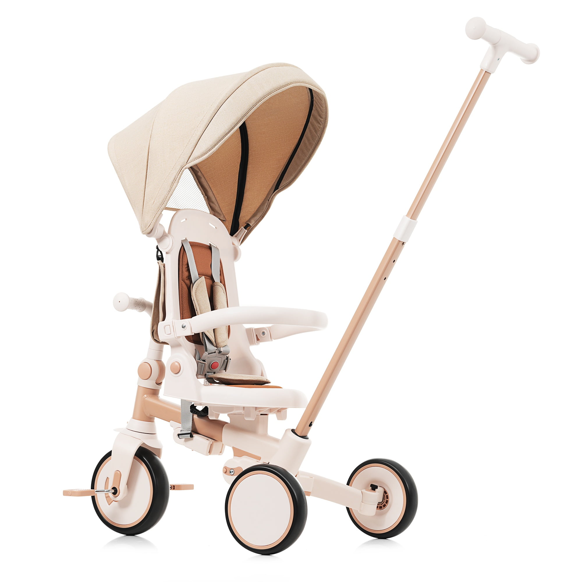 7-in-1 Baby Tricycle 1-6 Years Aluminum Frame with Canopy Push Handle 5-Point Harness for Kids Outdoor Ride