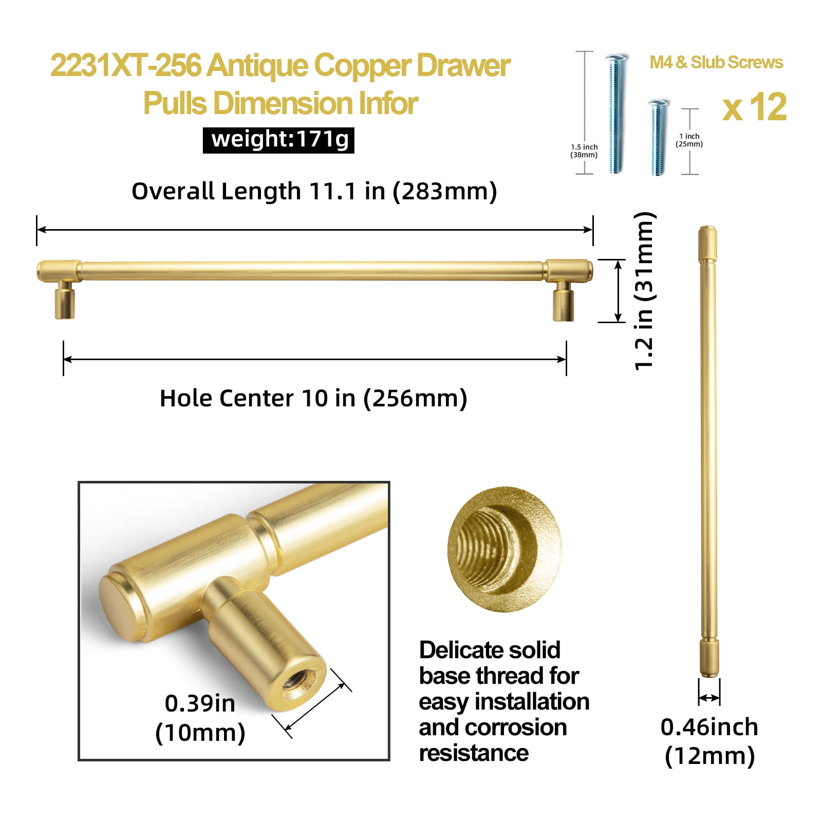 Goo-Ki 12 Pack 10'' Hole Center Brushed Brass Kitchen Cabinet Pulls, Modern Drawer Handles Closet Classic Kitchen Hardware for Bedroom