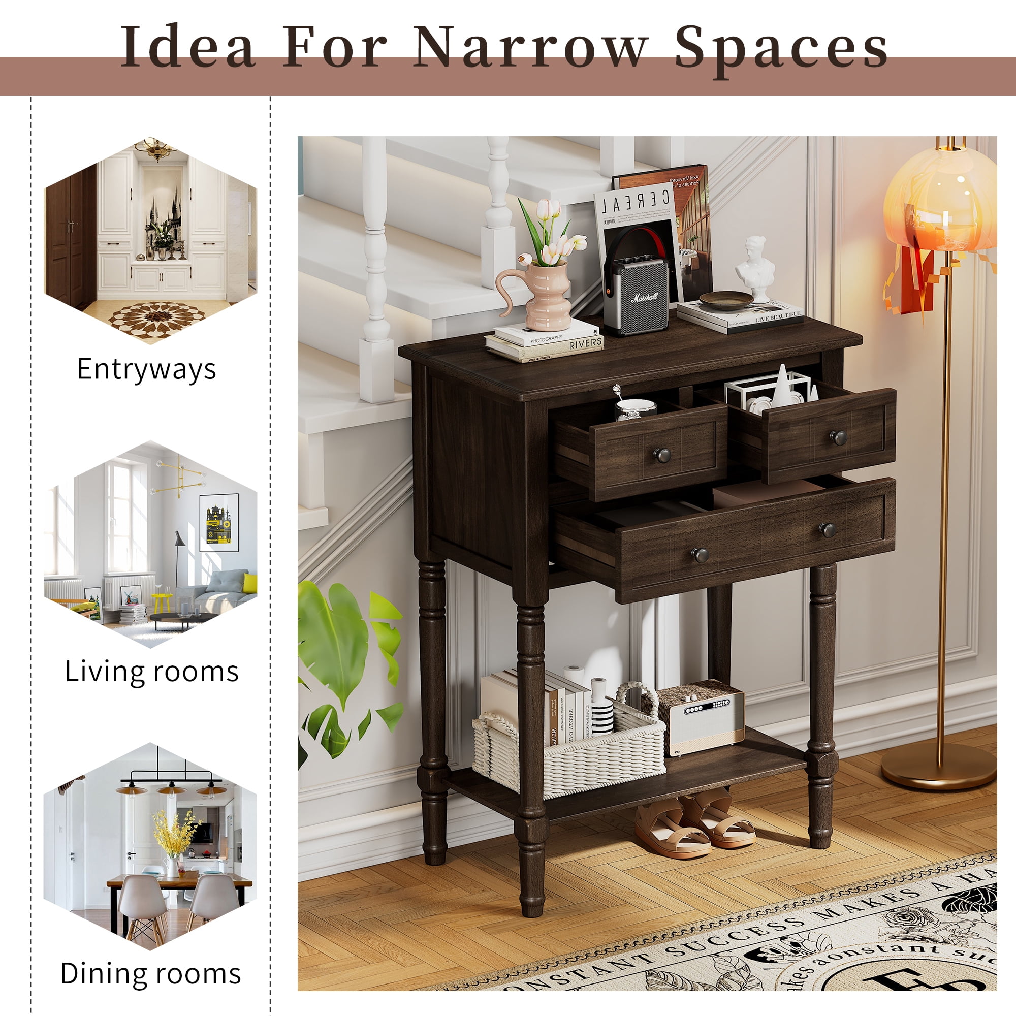Euroco 23.7" Farmhouse Console Table with 3 Drawers, Narrow Sofa Table, Wood Entryway Table with Bottom Shelf for Living Room, Foyer,Brown