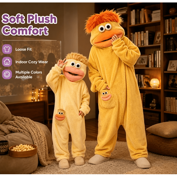 Funny Big Mouth Adult Onesie with Large Comb Prop, Silly Puppet One Piece Pajamas, Oversized Sleepwear for Parent & Little One