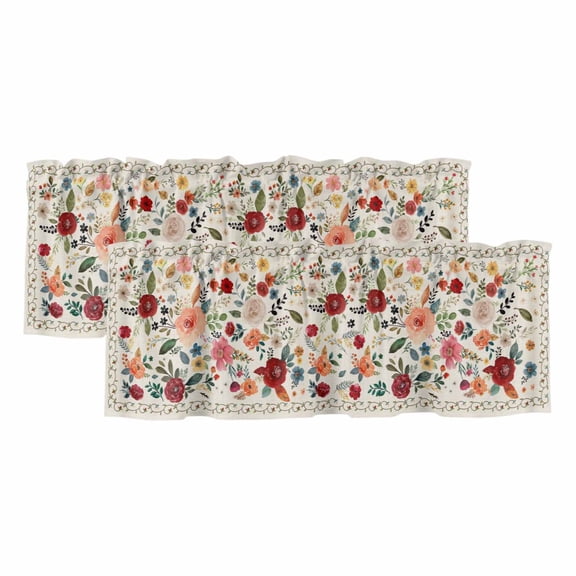2 Pack Valances for Windows, Watercolor Flowers Window Valances for Living Room/Bedroom/Bathroom, Rustic Spring Floral Botanical Beige Light Filtering Kitchen Curtain Valance 42"W x12" L