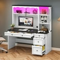 thumbnail image 2 of Craftian Farmhouse 51" Computer Desk with Hutch,  Executive Desk with LED Lights &Storage Cabinet, White, 2 of 10