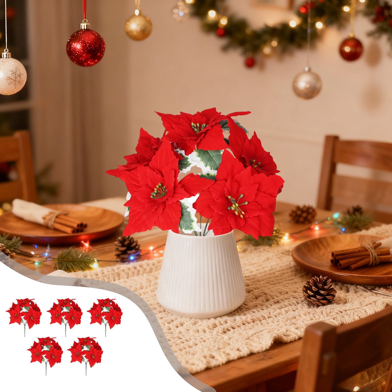 Bwiyojiz Christmas Decorations Home Decor Count 5pcs Decoration Holiday Products Flannel 5-fork Bouquet Simulation Flower Poinsettia Ornament, Gifts for Friend, Red