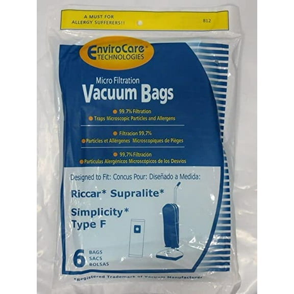 12 Envirocare Vacuum Bags Micro Filtration Vacuum Bags Fit Simplicity Freedom Type F / Riccar Supralite
