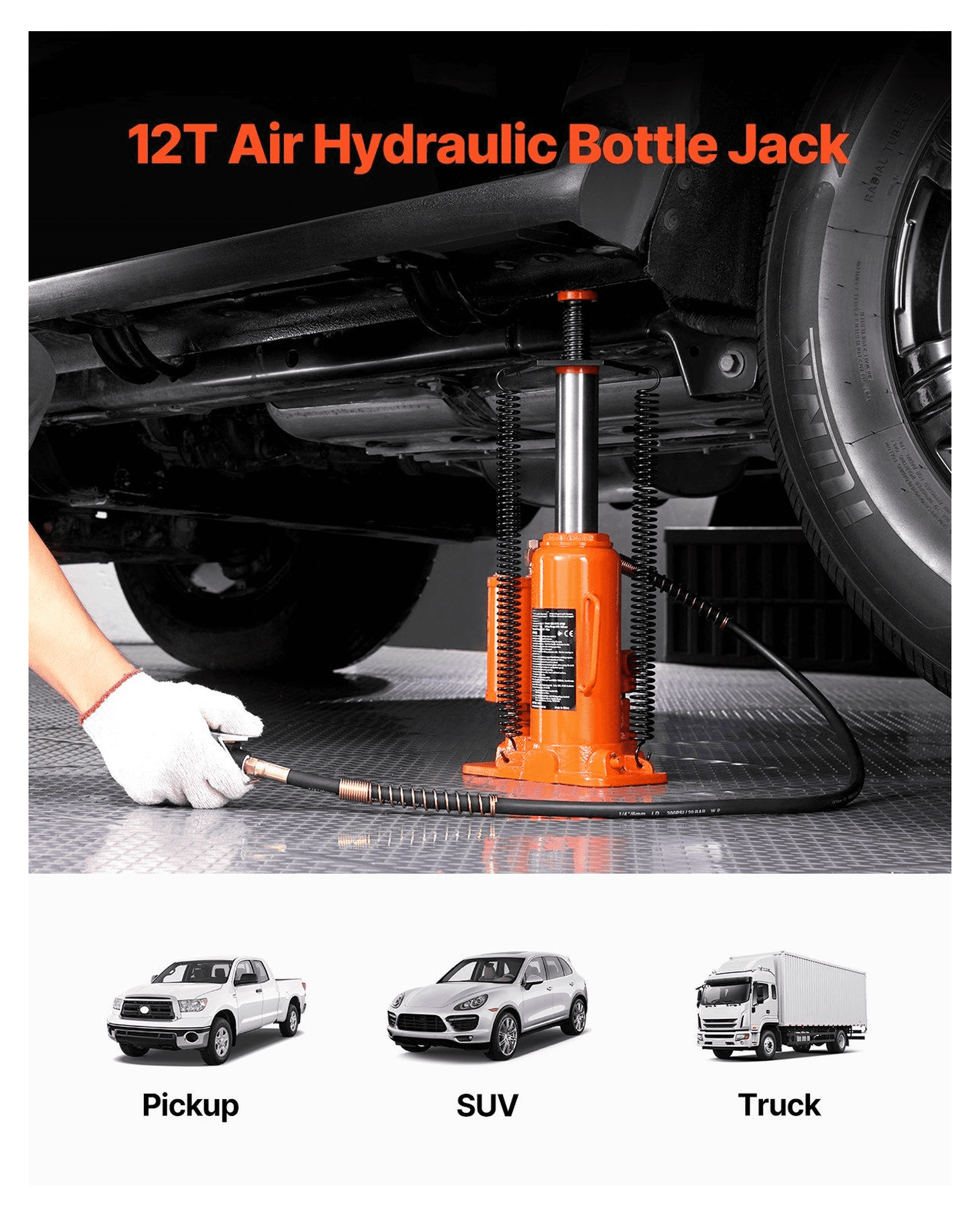 12 Ton Air Hydraulic Bottle Jack - Manual Hand Pump for Car Repair, SUV, Truck - Pneumatic Lift with Aluminum Pump - 6.69-12.6in Lifting Range