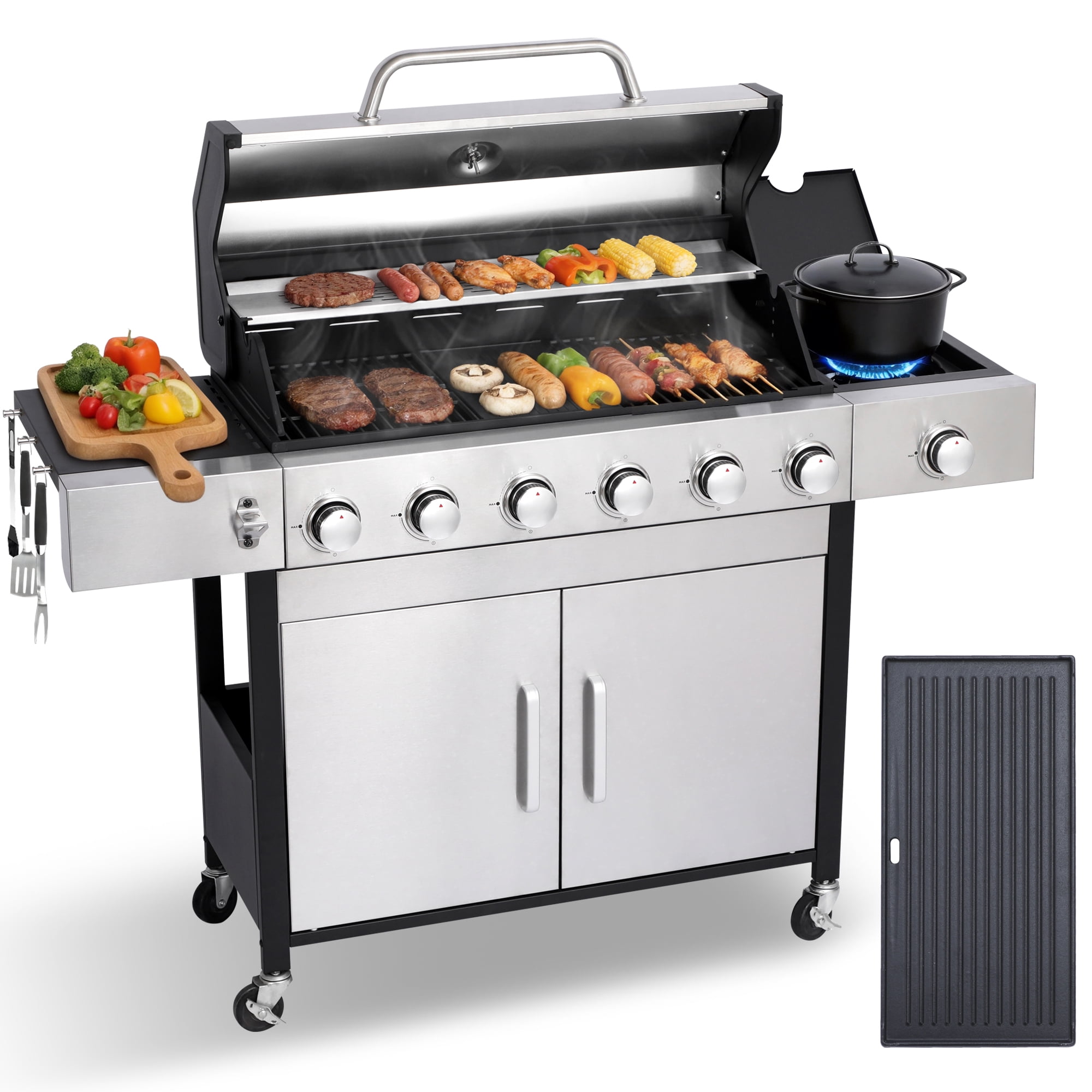 CIG GARDEN 6-Burner Propane Gas Grill with Side Burner,73000 BTU Output Double-Layer Stainless Steel BBQ Grill Lid with Cast Iron Grates