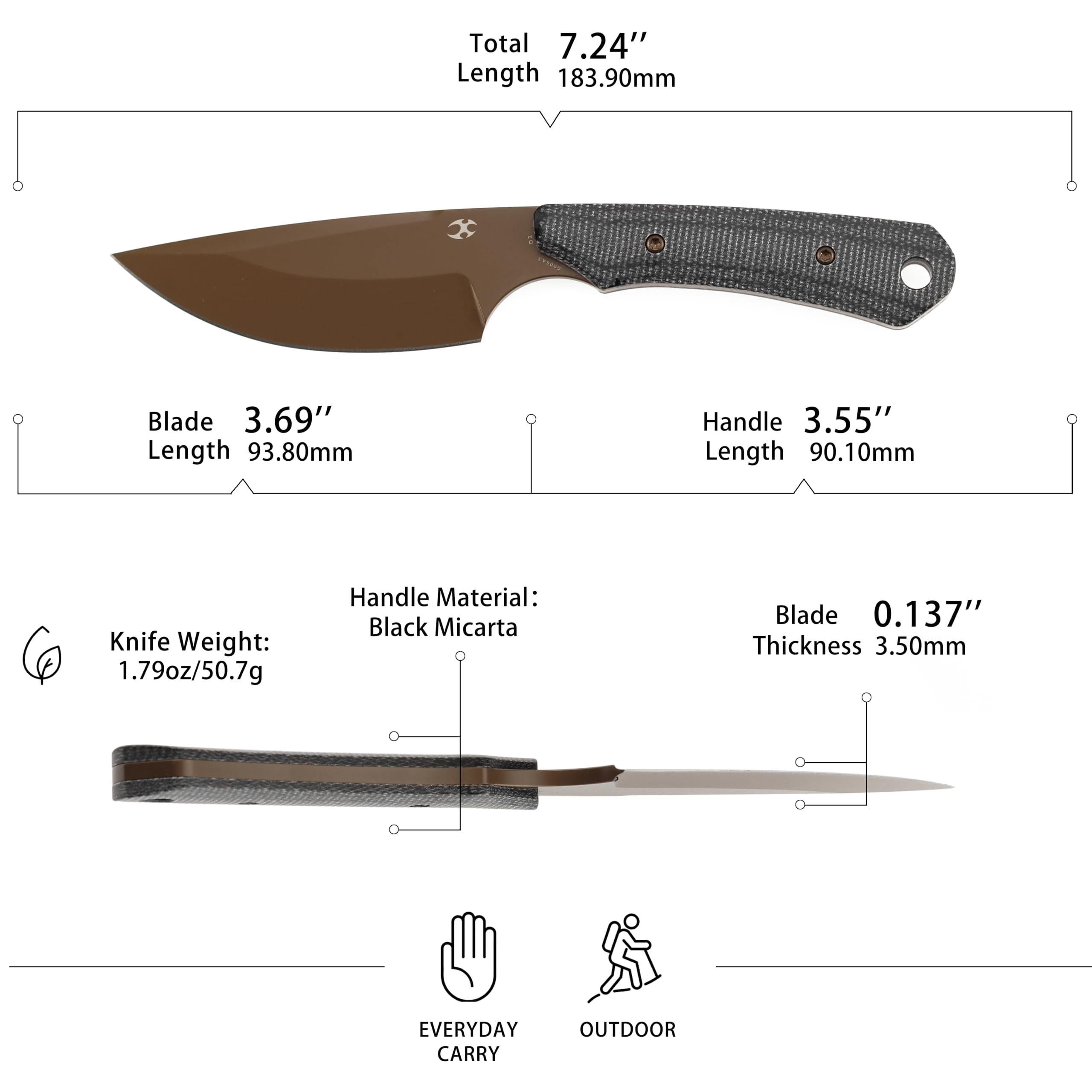 Kansept Flank Fixed Blade Knife,3.69'' Rose Gold Coated D2 Blade,Black Micarta Handle Pocket Tactical Knives,G006A3,with sheaths