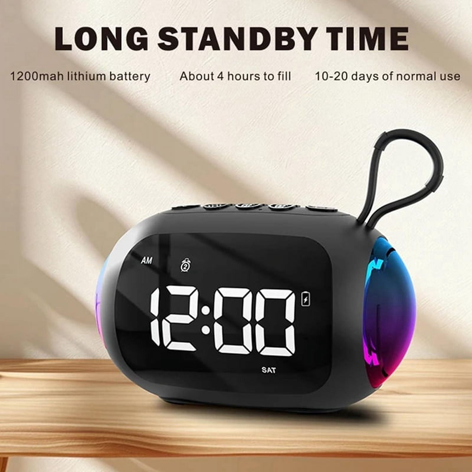 Portable Alarm Clock FM Radio Bluetooth Speakers Colorful Light Subwoofer with Dimming Display Dual Alarm Music Player,A