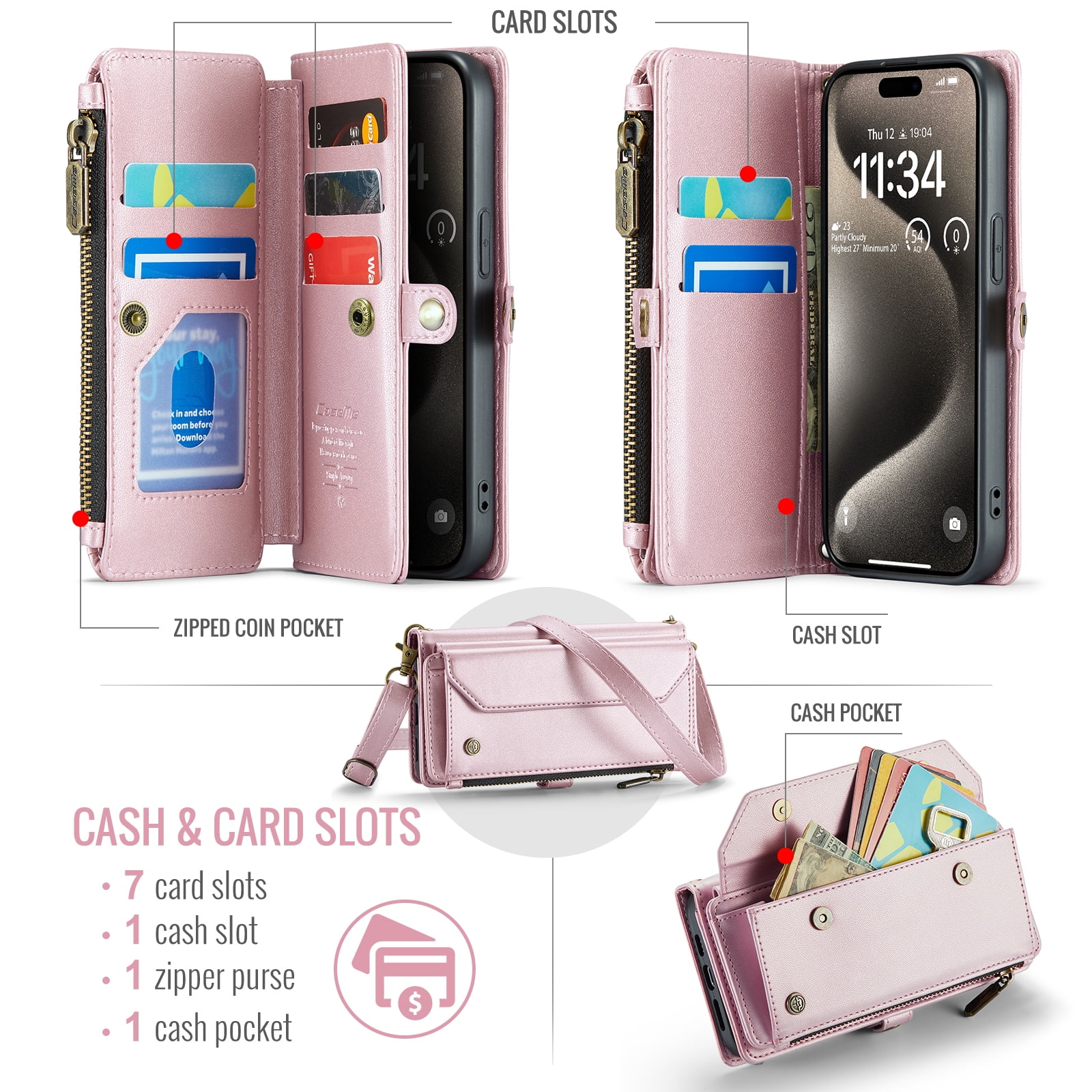 CoverTrend for iPhone 13 Case Crossbody Purse with Strap Women Card Holder Zipper Wallet Lanyard Flip Faux Leather RFID Blocking Stand Cover,Pink
