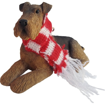 Sandicast Lying Airedale Terrier with Scarf Christmas Dog Ornament