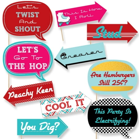 Funny 50's Sock Hop - 1950s Rock N Roll Party Photo Booth Props Kit - 10 Piece