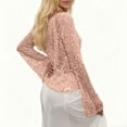 thumbnail image 6 of Lenpel Women's Sequin Crochet Tops Bell Long Sleeve Boat Neck Hollow out Sparkly Glitter Knitted Shirts Loose Cover up Blouses(Pink,Large), 6 of 7