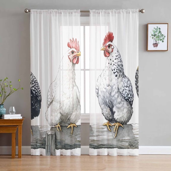 Rustic Rooster Sheer Curtains 84 Inches Long 2 Panels Set, Window Sheer Curtains for Living Room/Bedroom, White Chicken Country Light Filtering Rod Pocket Curtain 52'' x 84'' x 2