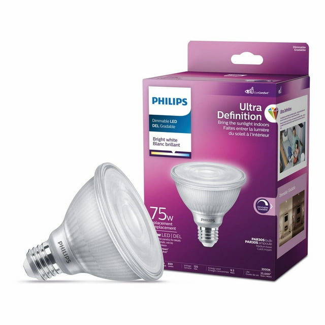 PHILIPS 8.5W 75W PAR30 Medium Base Ultra High Definition Bright White Dimmable Short Neck LED Light Bulb