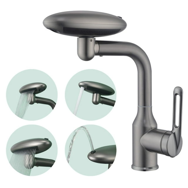 Hole Bathroom Faucet In Grey 360° Swivel Spout With 4 Spray Water Supply Connections Modern Basin Tap"