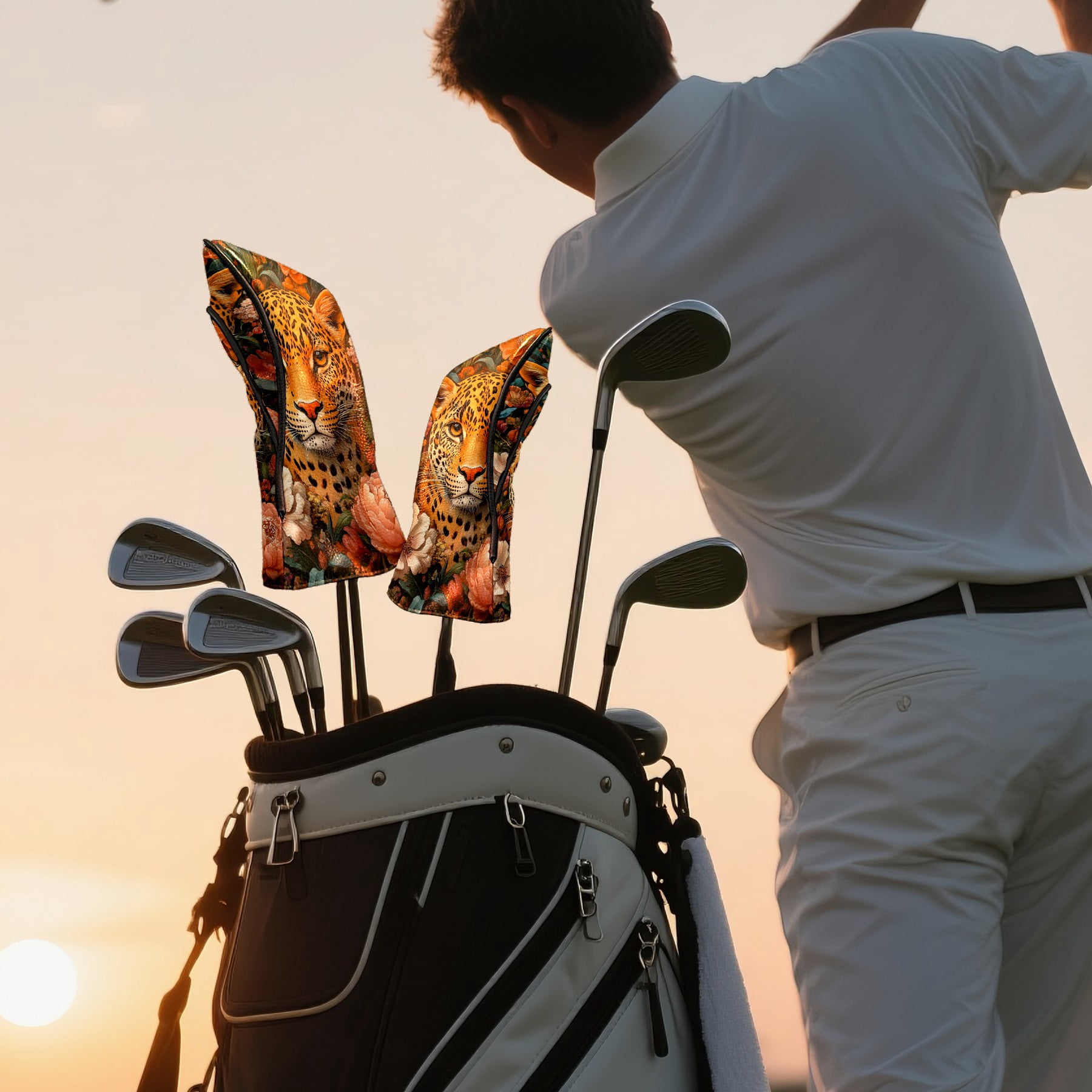 Golf Club Covers PU Leather Waterproof Head Covers for Fairway Woods Hybrids Orange Leopard