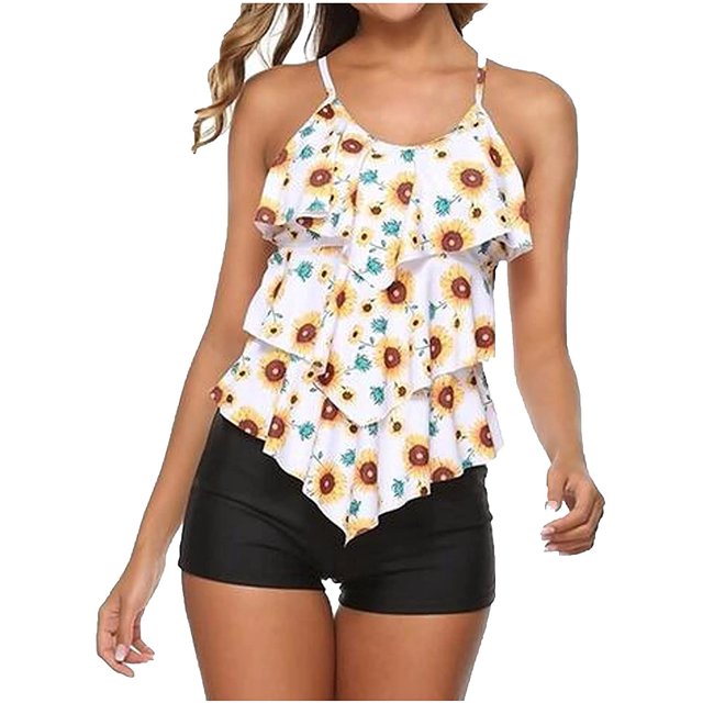 Teen Girls Tankini Swimsuits, Women Two Piece Tankini Set Floral Print Bathing Suits Strappy Ruffles Swimwear