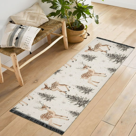 Ryvnso Deer Christmas Tree Bedroom Runner Rug 2'x6' Hallway Area Carpet Non Slip Entryway Mat with Tassels