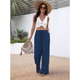 thumbnail image 4 of Wide Leg Pants for Women Drawstring Elastic Waist Trousers with Pockets Summer Vacation Clothes Navy Blue L, 4 of 9