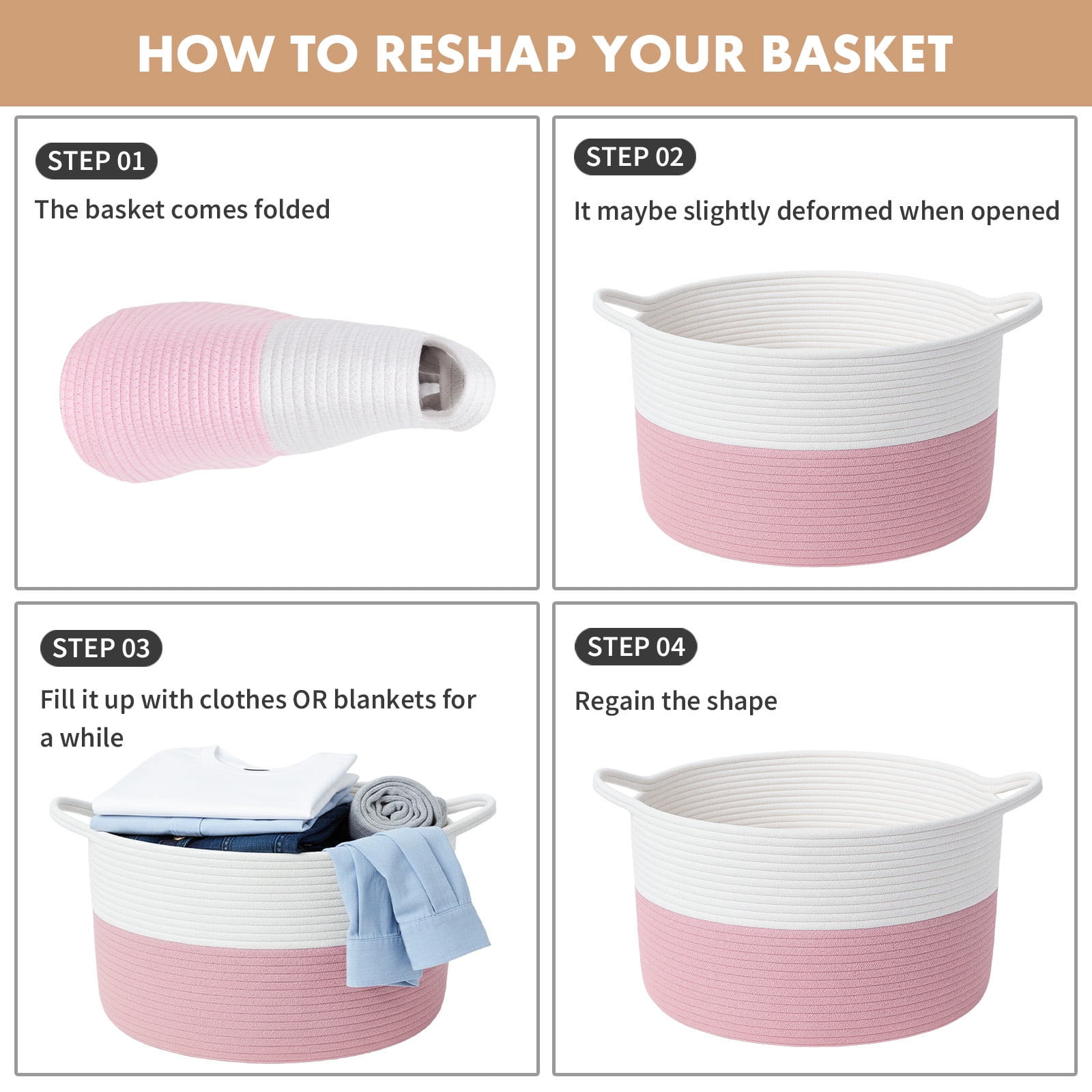 PinkSheep Laundry Basket, 80L Collapsible Woven Cotton Rope Laundry Hamper Storage Baskets with Handles, White Pink