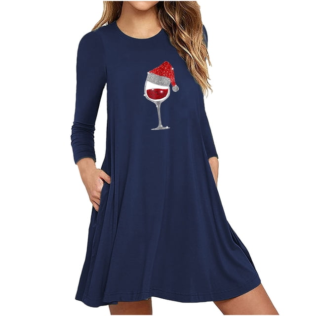 Robes d'Automne pour Femmes Col Rond Imprimé de Noël Robe à Manches Longues Décontractée Fluide Robe Courte de Fête avec Poches