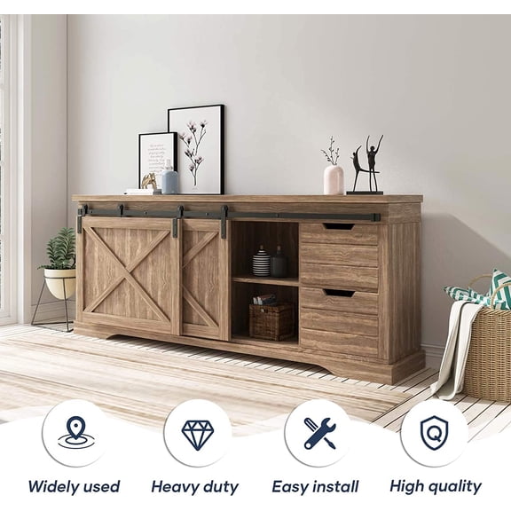 6 FT Mini Cabinet Bypass Barn Door Hardware Kit Single Track 72inch Small Sliding Barn Doors Track Kit for Double Doors Storage Closet Window TV Stand Wardrobe (No Cabinet)