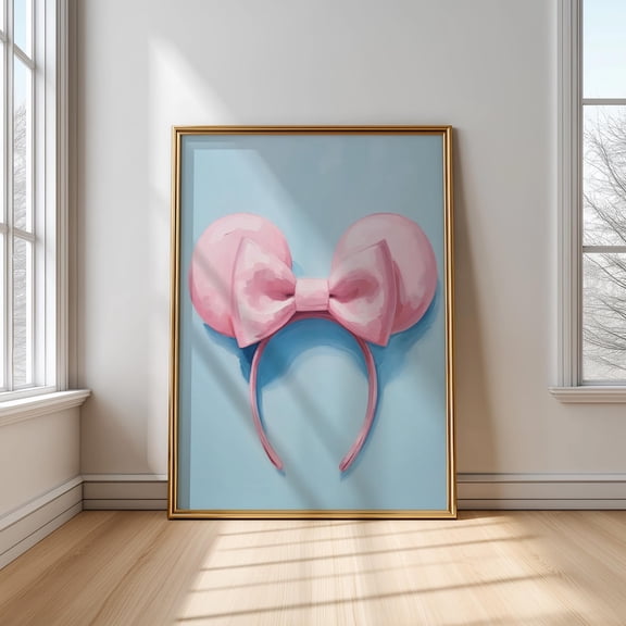 Pink Bow Mouse Ears Wall Art, Magical Nursery Poster, Girly Room Decor, Main Street Fashion Poster, Artwork, Stretched Canvas Size 12x18