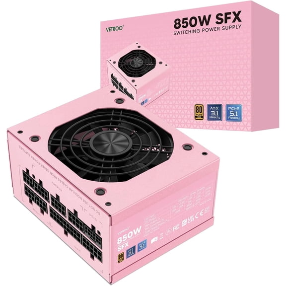 Vetroo 850W SFX Power Supply ATX 3.1 & PCIE 5.1 Ready, 80 Plus Gold Certificate Fully Modular, 90mm FDB Fan for Low-Noise Operation, SFX-to-ATX Bracket, 10-Year Warranty - Pink