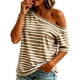 thumbnail image 2 of Yrmaups Loose Fit Short Sleeve T Shirt for Women, Off Shoulder Striped Casual Blouse, Comfy Soft Stretch Tee for Holiday Travel Daily Wear, Coffee L, 2 of 8