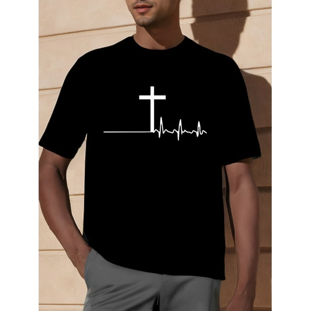 Vibrant Cross Print Short Sleeve T-Shirt for Men - Soft Medium Stretch Polyester Crew Neck Tee for Summer - Basics, Regular Fit, Knit Fabric, No Sheer