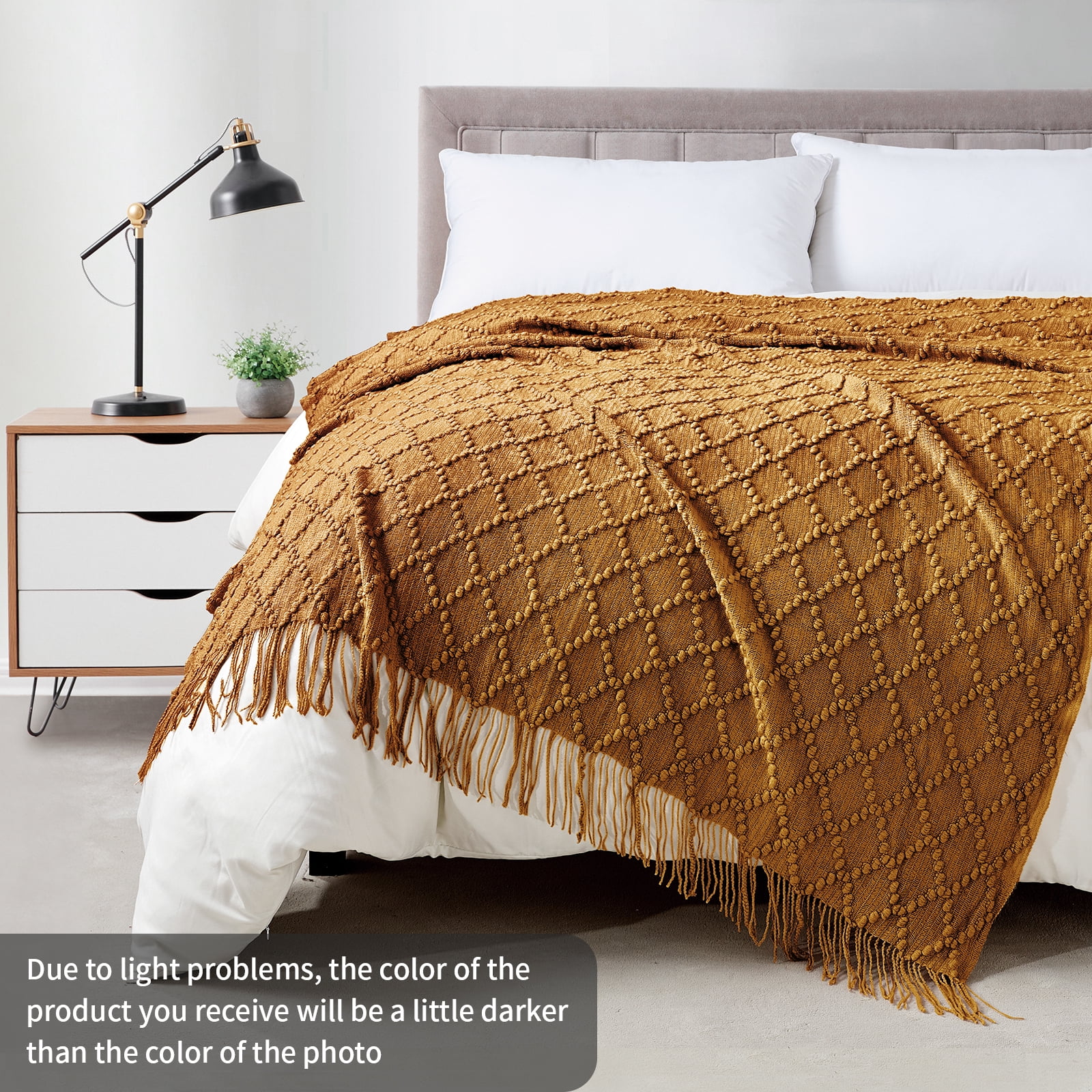 Bourina Throw Blanket Textured Solid Soft Throws and Blankets for Sofa or Bed Knitted Decorative Blanket 50 x70 inches Jacquard Rhombu Almond for Adults