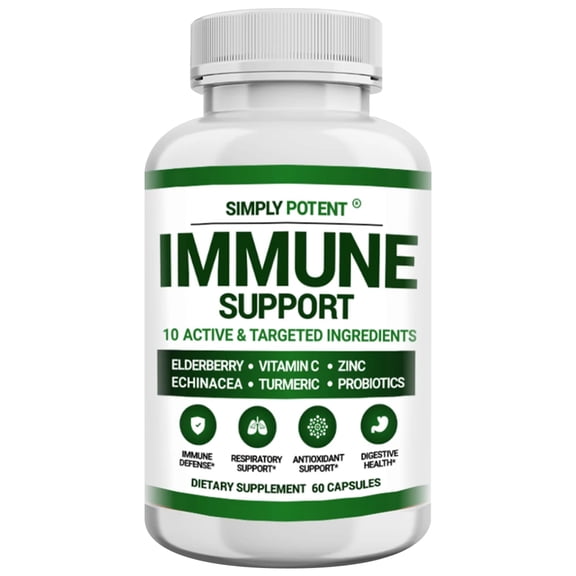 Simply Potent Immune Support with Antioxidant Vitamin C, Elderberry, Echinacea, Zinc, Turmeric & Probiotics  Immunity Boost, 60 Capsules