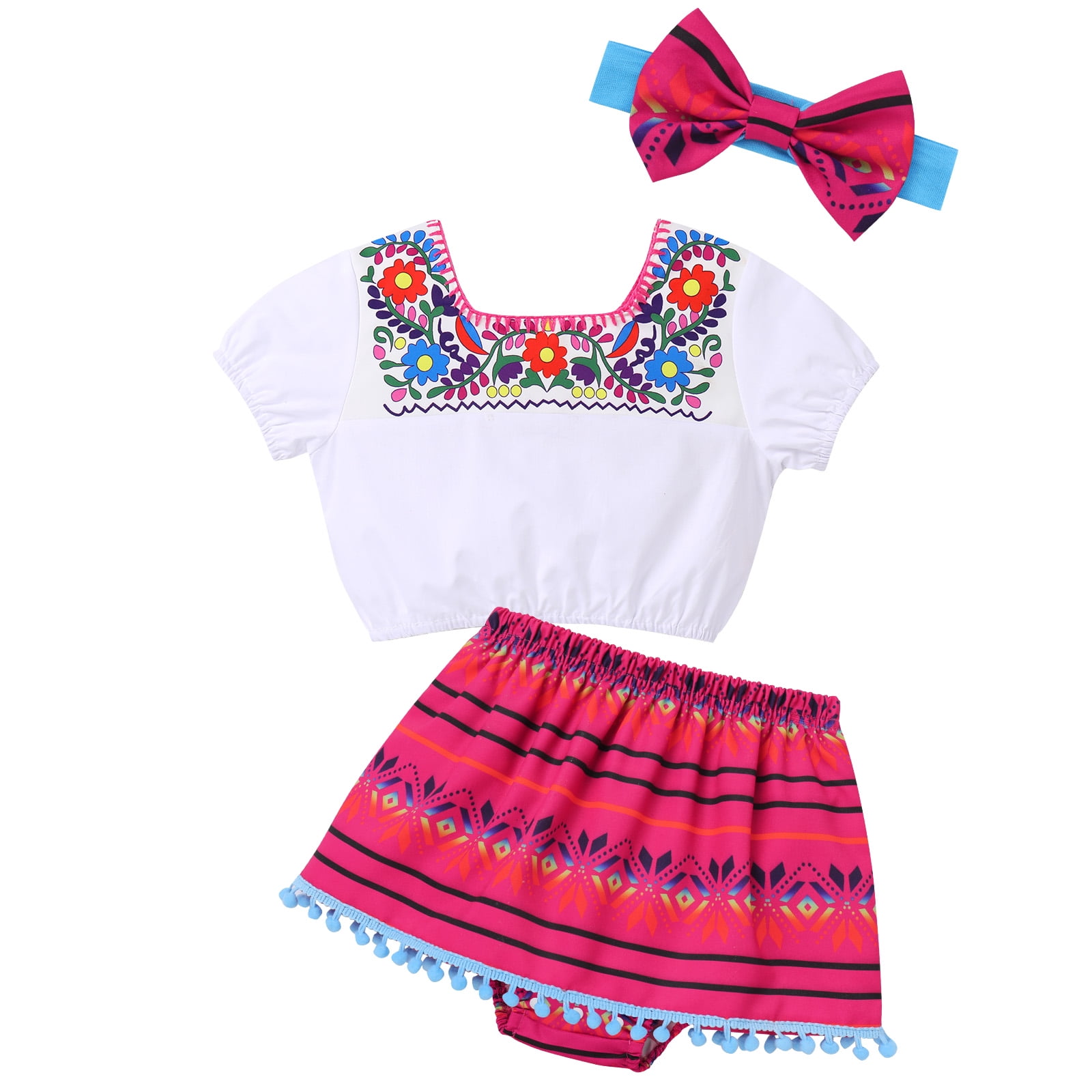 IBTOM CASTLE Toddler Baby Girls Mexican Traditional Fiesta Cinco de Mayo Outfit Floral Print Top + Skirt + Headband Photo Shoot Clothes 18-24 Months Hot Pink