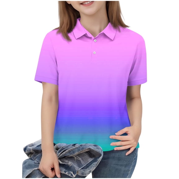 Girls Purple Gradient Performance Polo Shirt Quick Dry Moisture Wicking Short Sleeve Active Top Lightweight Breathable 100% Polyester Youth Sizes,Size 11-12 T