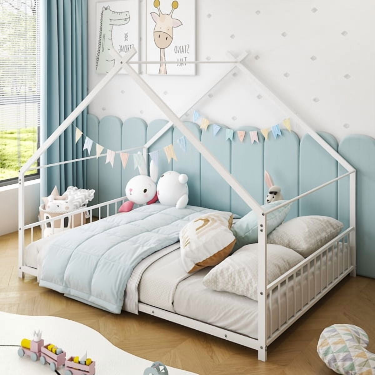 Alvantor Twin Metal House Bed for Kids and Toddlers with Side Guardrails, No Box Spring Needed, White