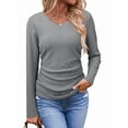 thumbnail image 3 of Womens Tops Casual V Neck Long Sleeve Shirts Solid Ruched Basic Tunics Blouses Gray S, 3 of 7
