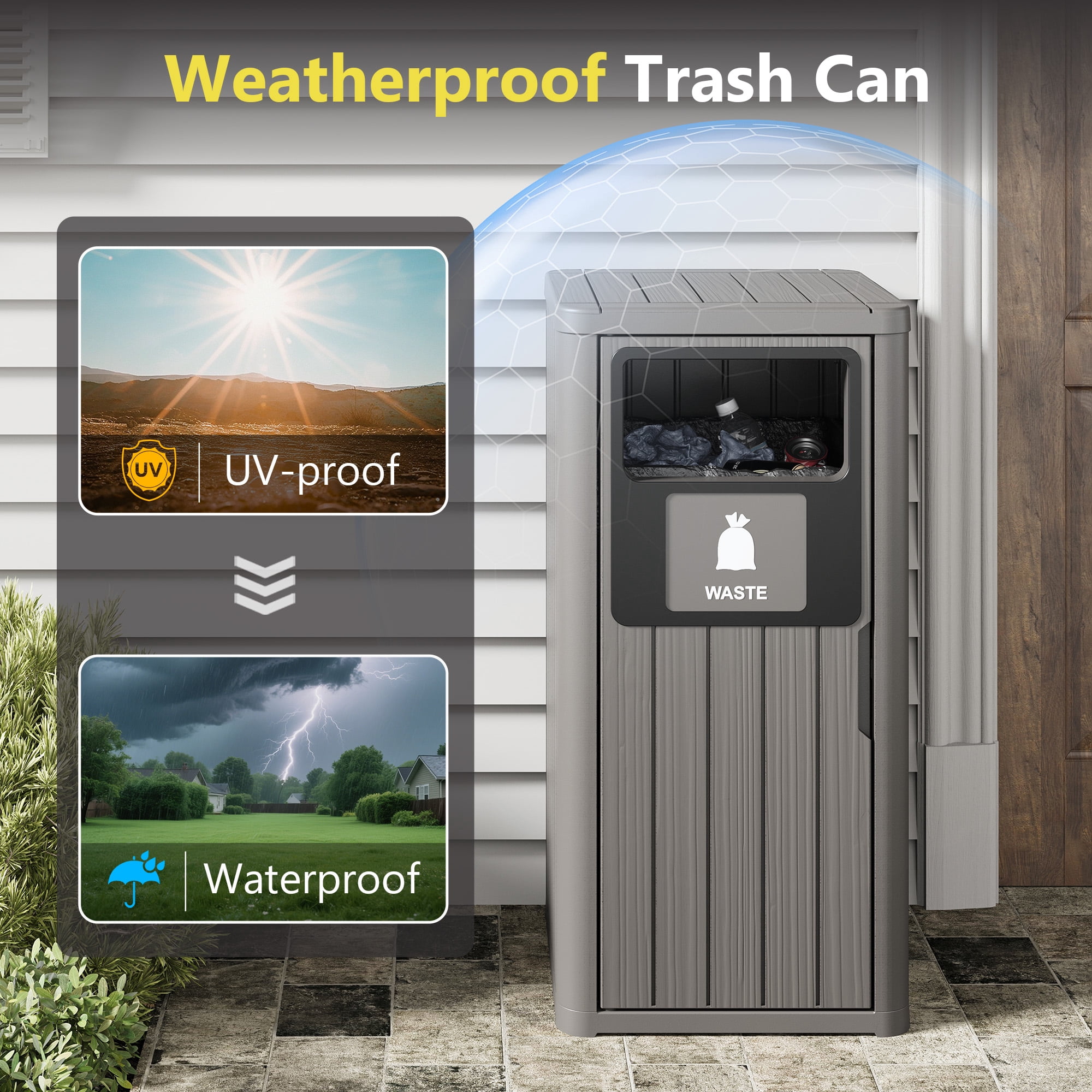 Nihsuao 42 Gallon Resin Trash Can, Durable & Waterproof Outdoor Garbage Bin with Garbage Labels, Weather-Resistant Waste Bin for Indoor Kitchen, Outdoor Porch, Backyard, (Gray, 1)