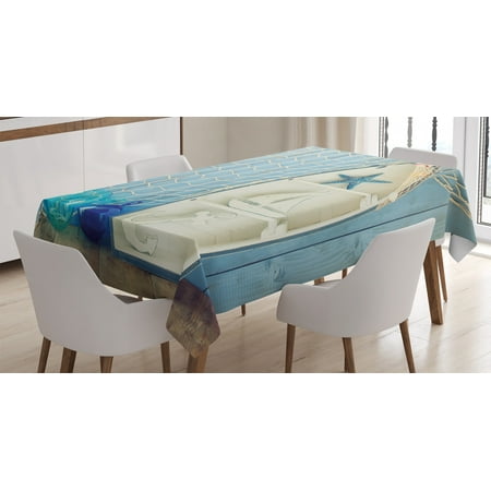 

Nautical Decor Tablecloth Sea Objects on Wooden with Vintage Boat Starfish Shell Fishing Net Photo Rectangular Table Cover for Dining Room Kitchen 60 X 84 Inches Blue White by Ambesonne