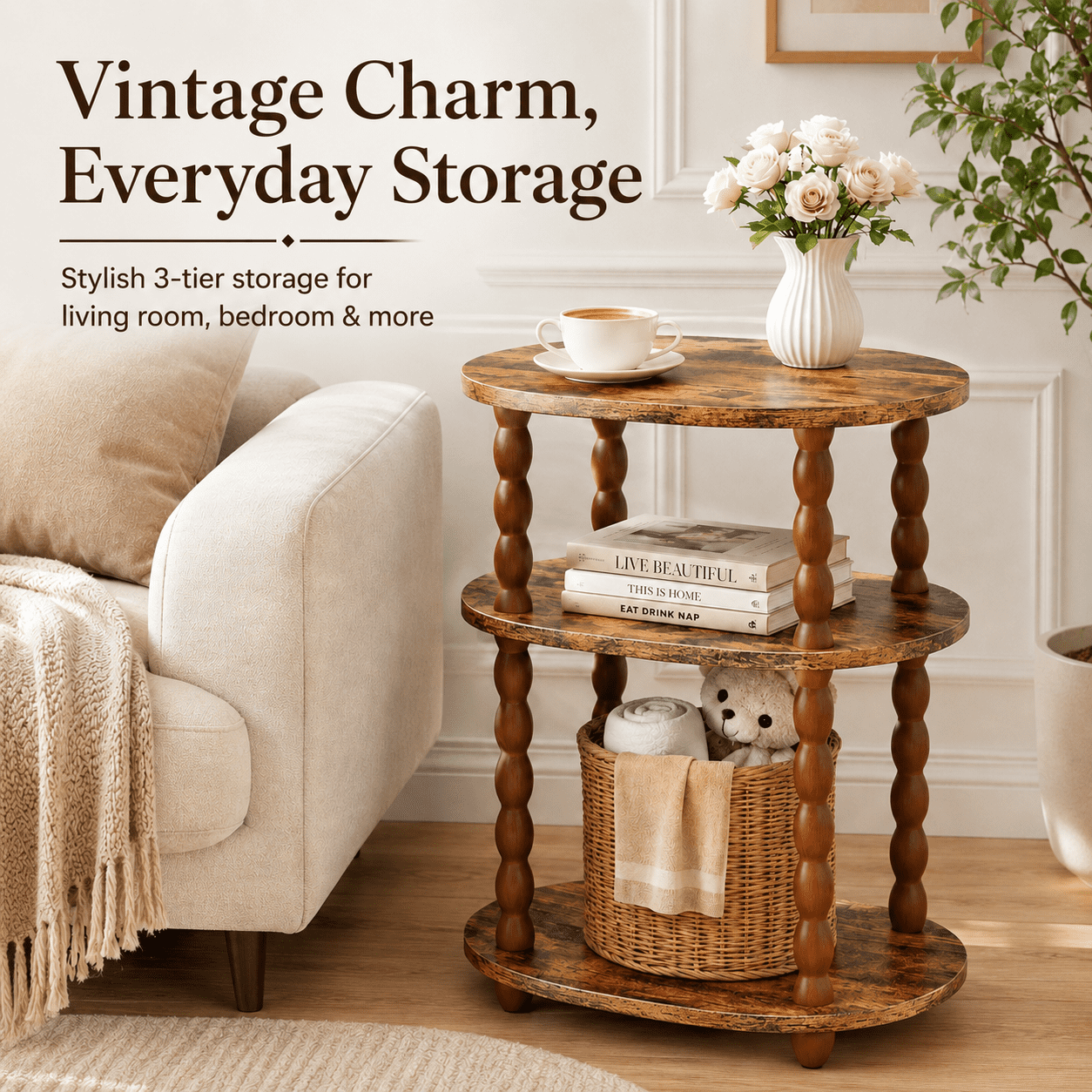 MEHOOM 3-Tier Side Table, Small End Table for Living Room and Bedroom, Vintage Accent Table Nightstand with Storage