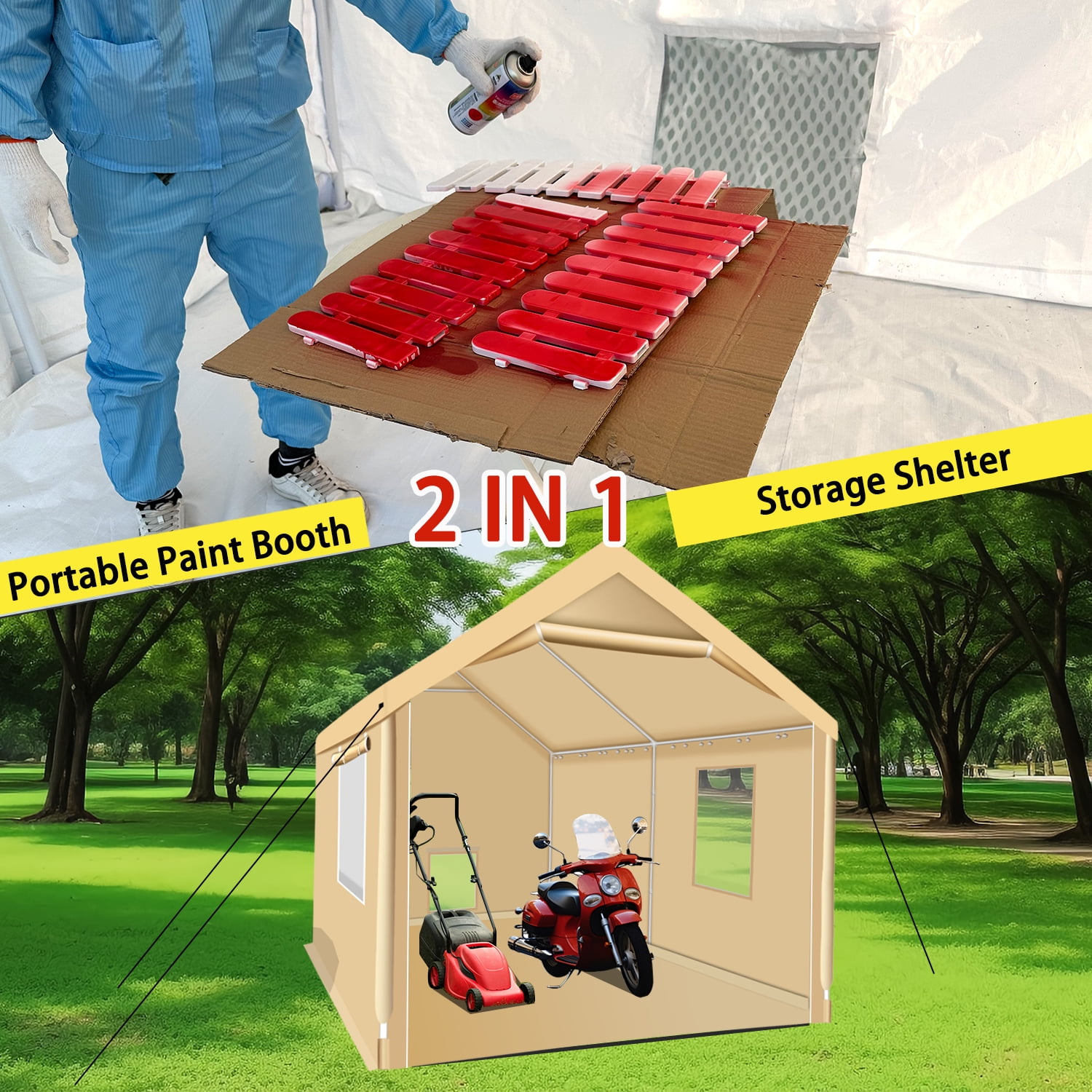 Rainproof Portable Paint Booth 10X10X9FT Spray Booth with 4pcs Mesh Windows & Floor for Painting Auto Parts, Furnitures and Other Items (Beige)
