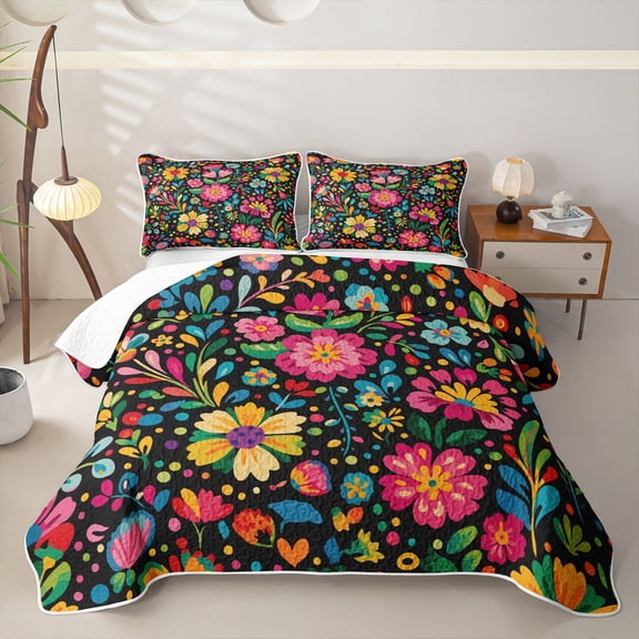 Homewish Boho Watercolor Floral Twin Quilt Set,Peony Daisy Flower Twin Coverlet Set,Multicolor,2-Piece