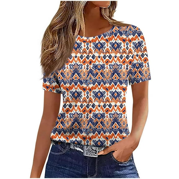 Women's Casual And Fashionable Printed T-shirt With Round Neck And Short Sleeved Top