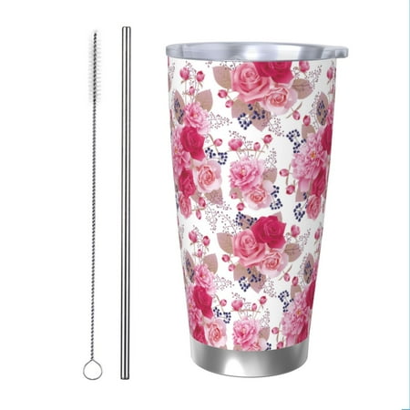 

KLL Peonies And Roses Print 40oz Stainless Steel Insulated Car Cup with Spillproof Lid - Keep Your Drink Hot or Cold on the Go-Straw Two-piece Set