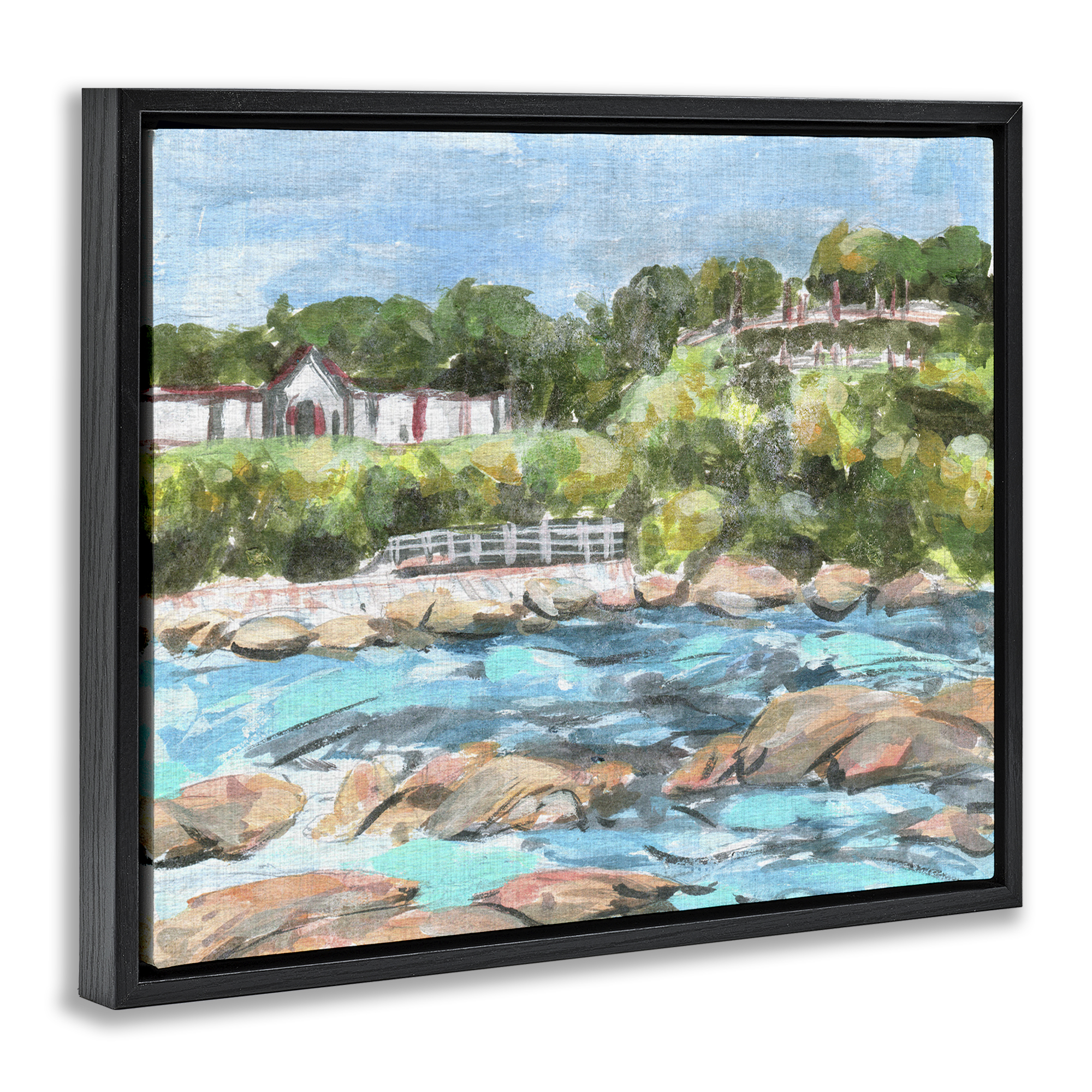 Stupell Industries Rocky Nautical Landscape Landscape Painting Black Floater Framed Canvas Art Print Wall Art, 31 x 25