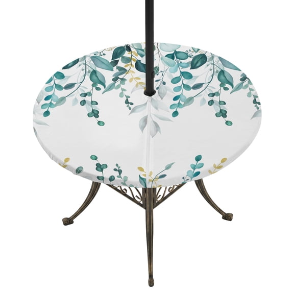 Turquoise Eucalyptus Leaves Round Outdoor Tablecloth with Umbrella Hole Zipper, Farmhouse Botanical Watercolor Elastic Fitted Table Cover, Waterproof Table Cloth for Patio Picnic Party Fits 31"-35"