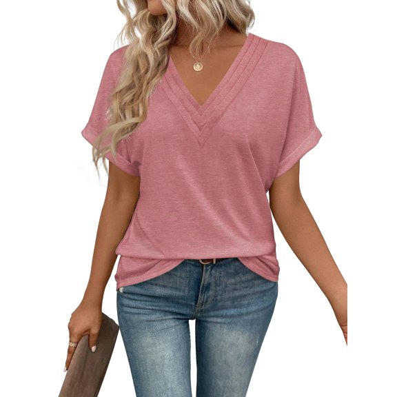 Women's V Neck T Shirts Summer Soft Casual Short Sleeve Basic Tee Tops Beach Vacation Fashion Outfits