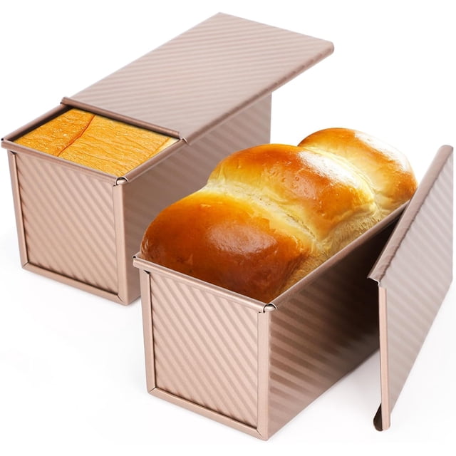 Molde para pan Pullman con tapa, paquete de 2, 1 lb, antiadherente, de acero al carbono, para tostar pan con tapa, para hornear pan casero, hornear pan tostado en horno, color oro rosa